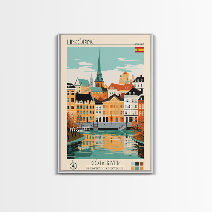 Linköping Sweden Travel Poster Framed Canvas Print, Midcentury Modern Art, Pop Art Wall Decor, Scenic Art, Home and Office Decoration