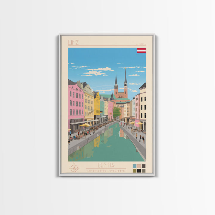 Linz Austria Travel Poster Framed Canvas Print, Wall Decor, Midcentury Modern Art, Pop Art, Scenic Art for Bedroom and Living Room