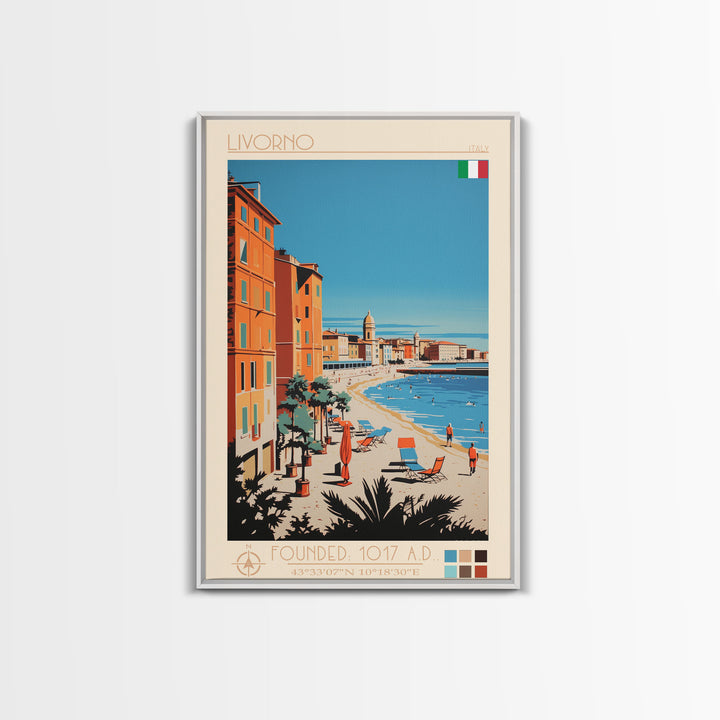 Livorno Italy Travel Poster Framed Canvas Print, Wall Decor, Midcentury Modern Art, Pop Art, Scenic Art for Bedroom and Office