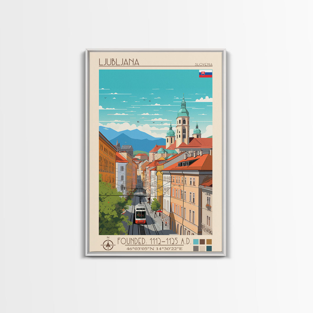Ljubljana Slovenia Travel Poster Framed Canvas Print, Wall Decor, Midcentury Modern Art, Pop Art, Scenic Art for Bedroom and Living Room