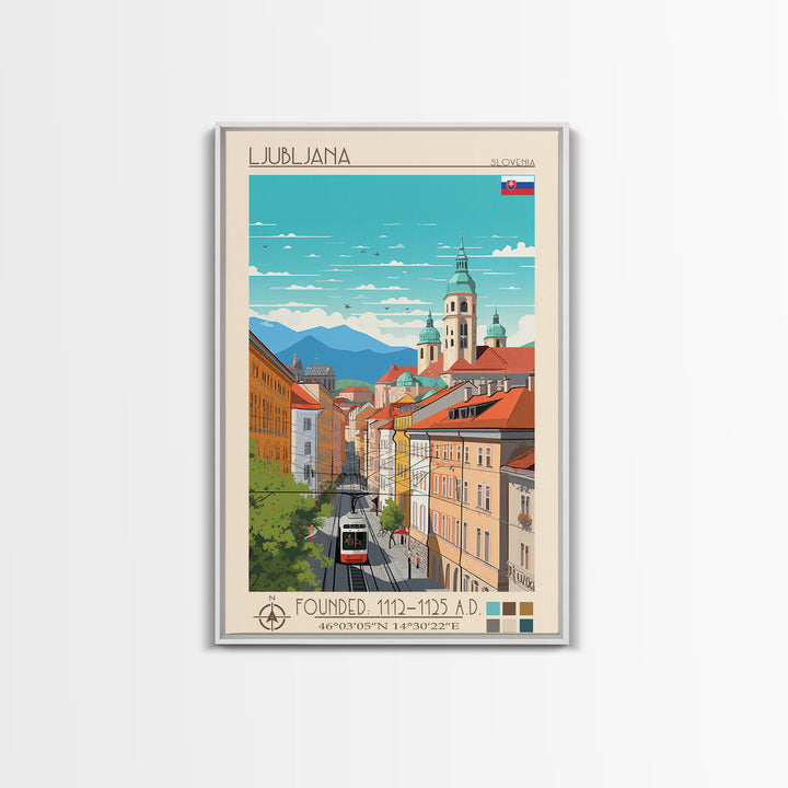 Ljubljana Slovenia Travel Poster Framed Canvas Print, Wall Decor, Midcentury Modern Art, Pop Art, Scenic Art for Bedroom and Living Room