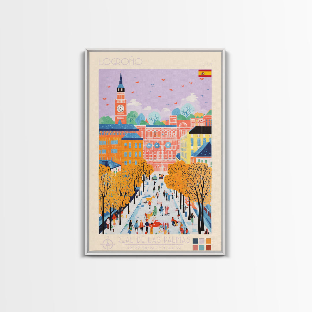 Logroño Spain Travel Poster Framed Canvas Print, Midcentury Modern Art, Pop Art Wall Decor, Scenic Art, Bedroom and Living Room Decor