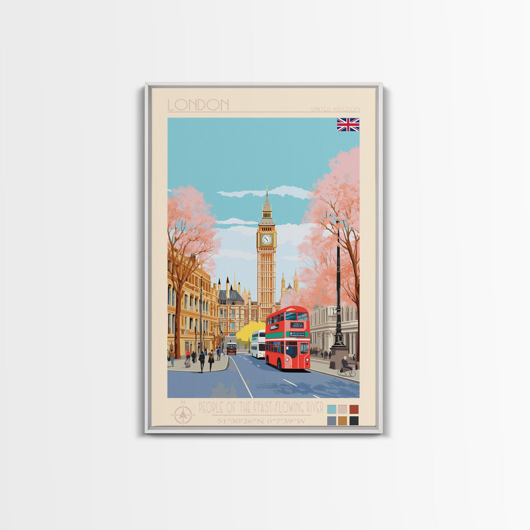London United Kingdom Travel Poster Framed Canvas Print, Wall Decor, Midcentury Modern Art, Pop Art, Scenic Art for Office and Home