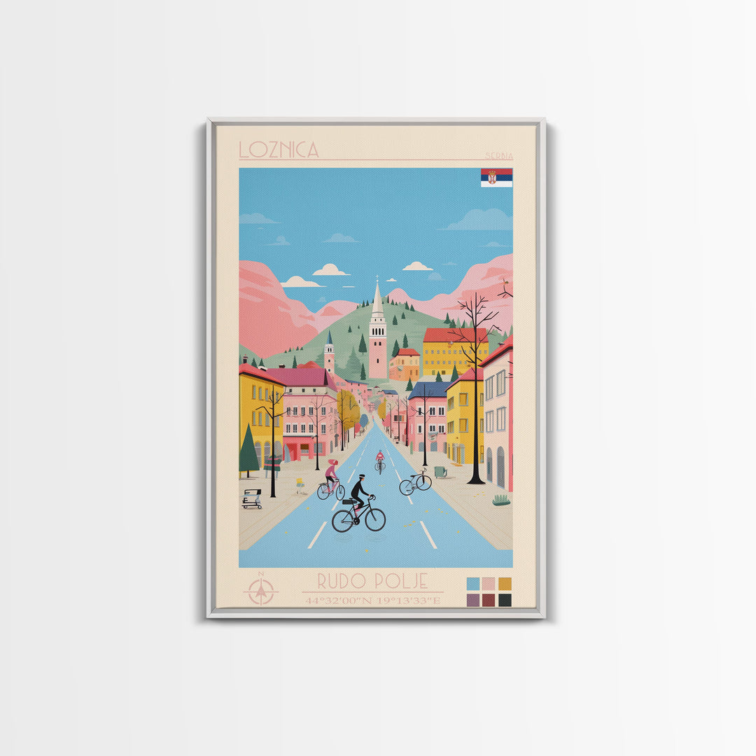 Loznica Serbia Travel Poster Framed Canvas Print, Midcentury Modern Art, Pop Art Wall Decor, Scenic Art, Home and Office Decoration