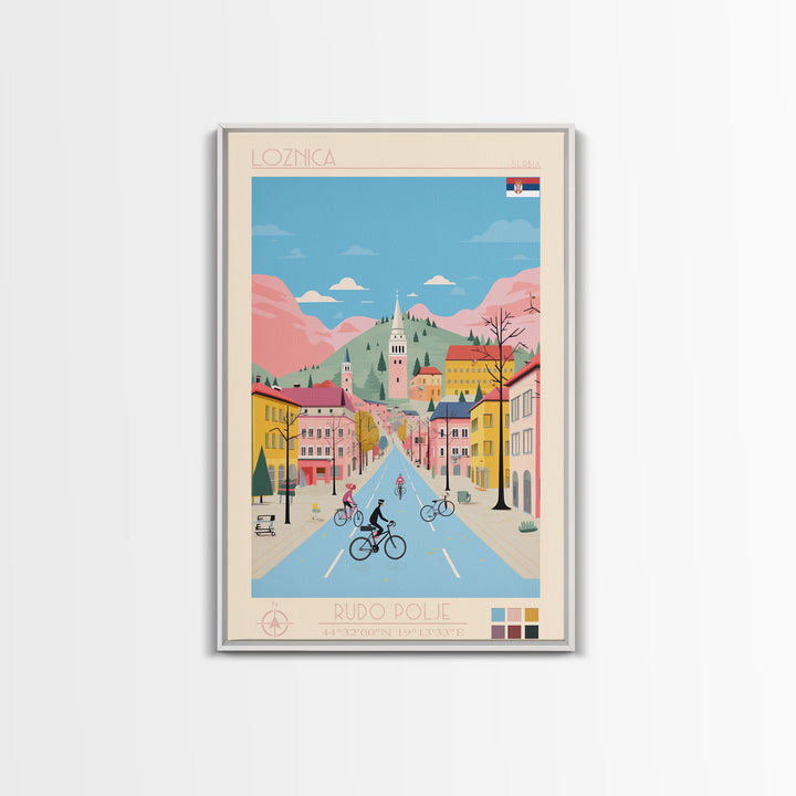 Loznica Serbia Travel Poster Framed Canvas Print, Midcentury Modern Art, Pop Art Wall Decor, Scenic Art, Home and Office Decoration
