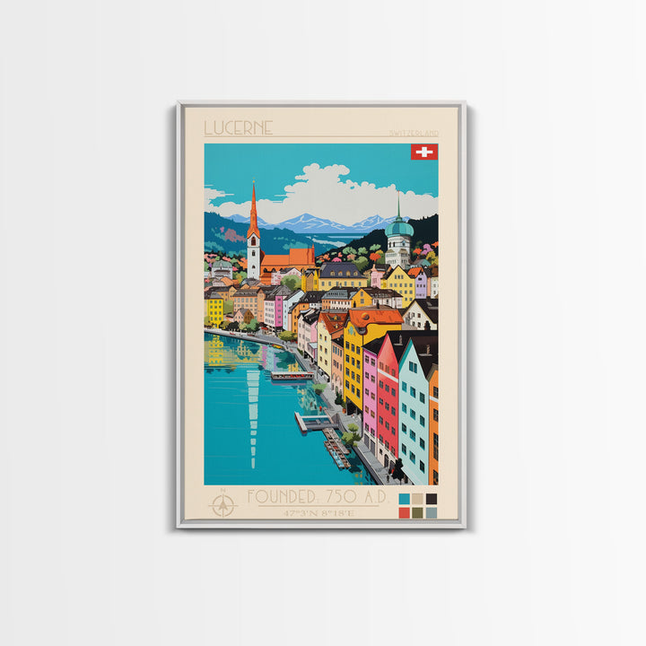 Lucerne Switzerland Travel Poster Framed Canvas Print, Midcentury Modern Art, Pop Art Wall Decor, Scenic Art, Living Room and Office Gift