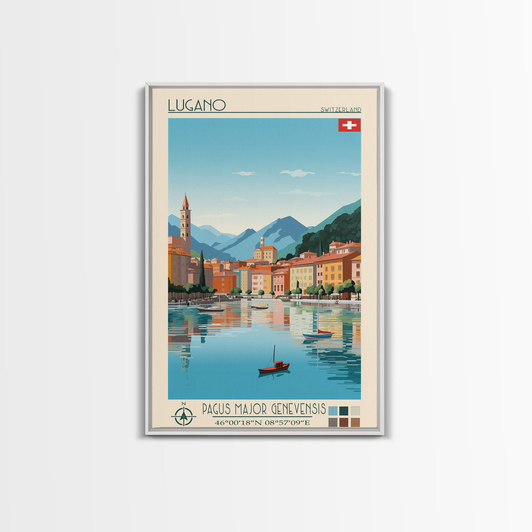 Lugano Switzerland Travel Poster Framed Canvas Print, Midcentury Modern Art, Pop Art Wall Decor, Scenic Art, Bedroom and Living Room Decor