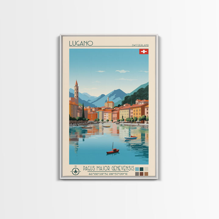 Lugano Switzerland Travel Poster Framed Canvas Print, Midcentury Modern Art, Pop Art Wall Decor, Scenic Art, Bedroom and Living Room Decor