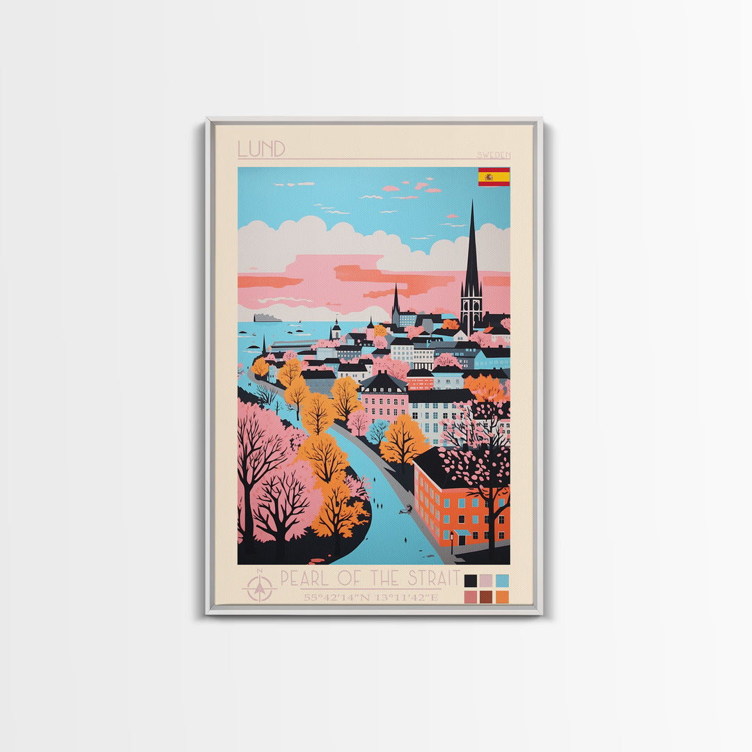 Lund Sweden Travel Poster Framed Canvas Print, Midcentury Modern Art, Pop Art Wall Decor, Scenic Art, Home and Office Decoration