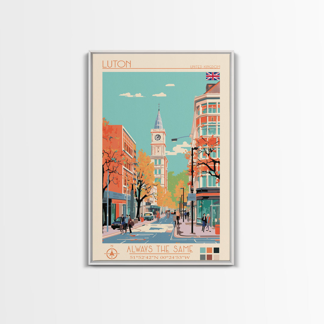 Luton United Kingdom Travel Poster Framed Canvas Print, Wall Decor, Midcentury Modern Art, Pop Art, Scenic Art for Living Room and Office