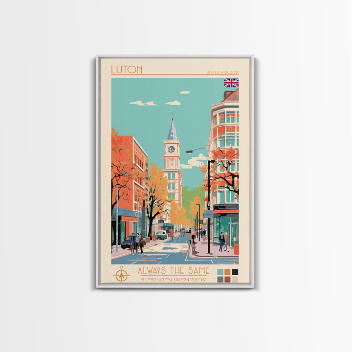 Luton United Kingdom Travel Poster Framed Canvas Print, Wall Decor, Midcentury Modern Art, Pop Art, Scenic Art for Living Room and Office