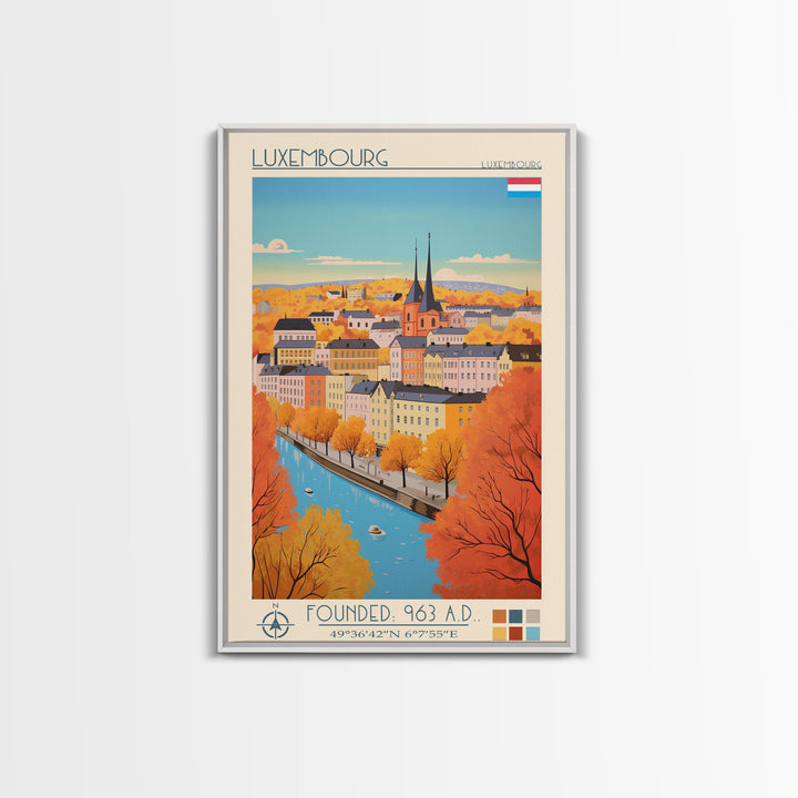 Luxembourg Luxembourg Travel Poster Framed Canvas Print, Midcentury Modern Art, Pop Art Wall Decor, Scenic Art, Bedroom and Living Room Decor
