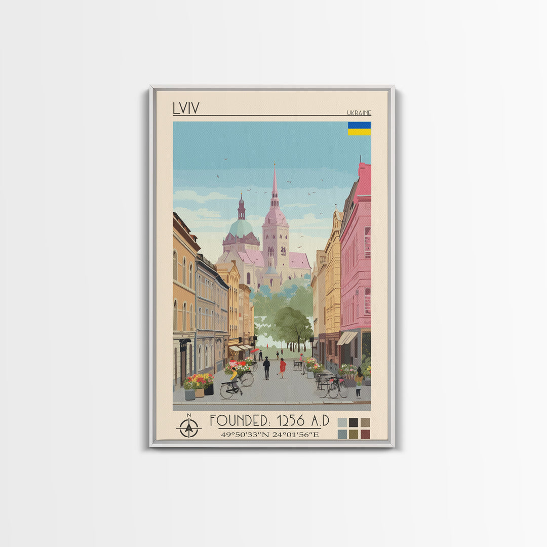 Lviv Ukraine Travel Poster Framed Canvas Print, Wall Decor, Midcentury Modern Art, Pop Art, Scenic Art for Home and Office