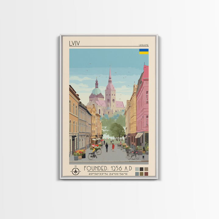 Lviv Ukraine Travel Poster Framed Canvas Print, Wall Decor, Midcentury Modern Art, Pop Art, Scenic Art for Home and Office