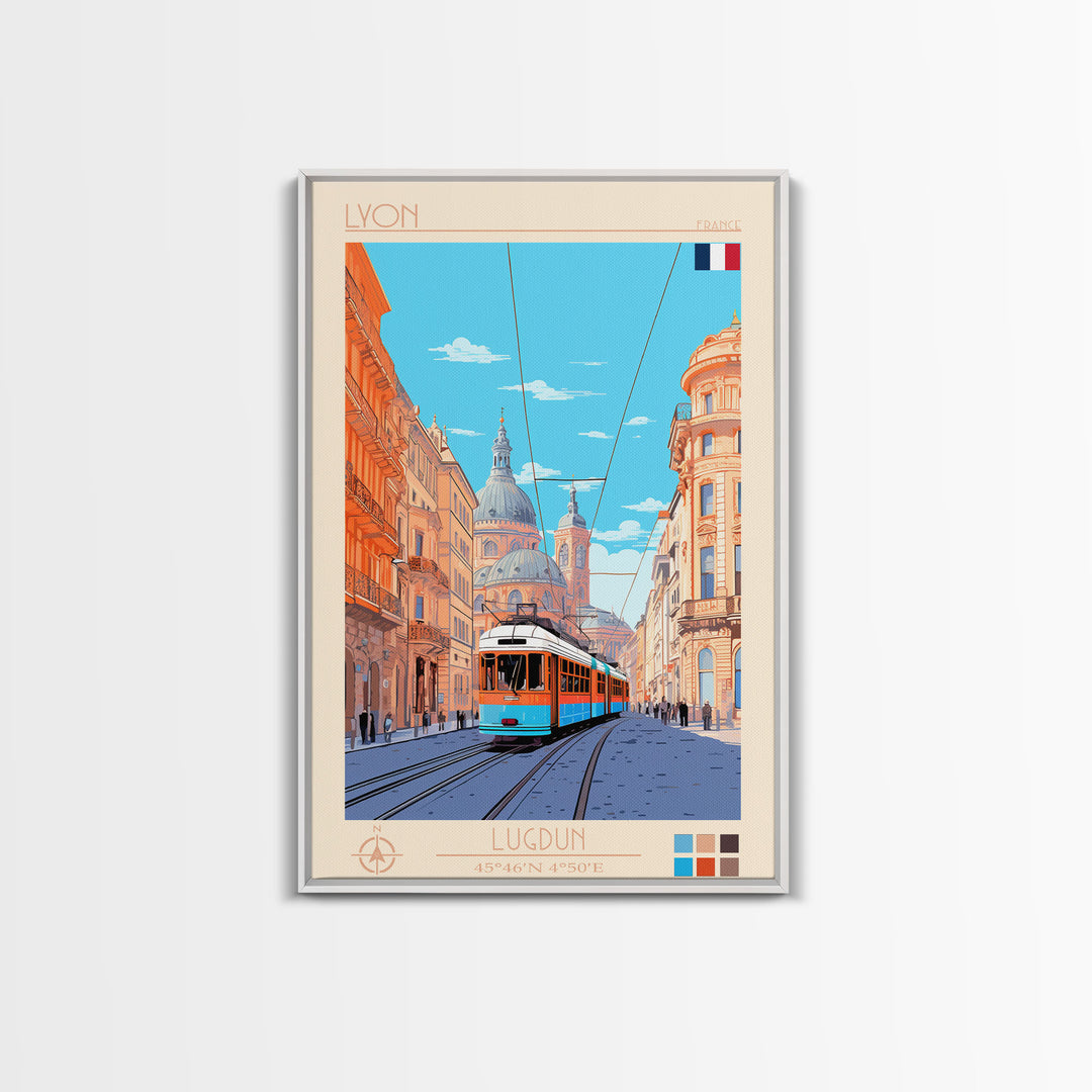 Lyon France Travel Poster Framed Canvas Print, Midcentury Modern Art, Pop Art Wall Decor, Scenic Bedroom Art, Office Decoration
