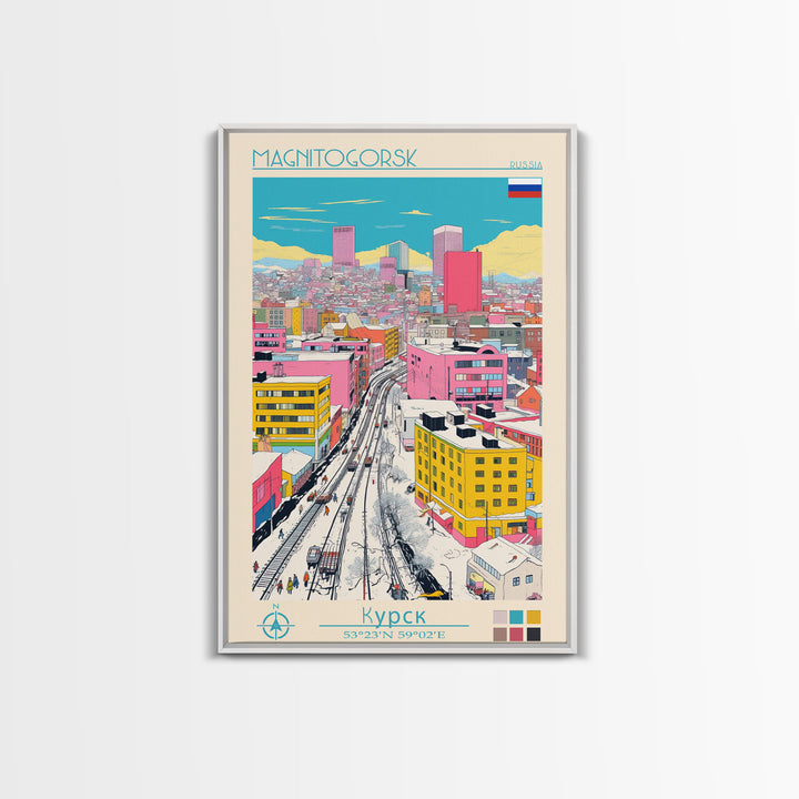 Magnitogorsk Russia Travel Poster Framed Canvas Print, Midcentury Modern Art, Pop Art Wall Decor, Scenic Living Room Art, Bedroom Gift