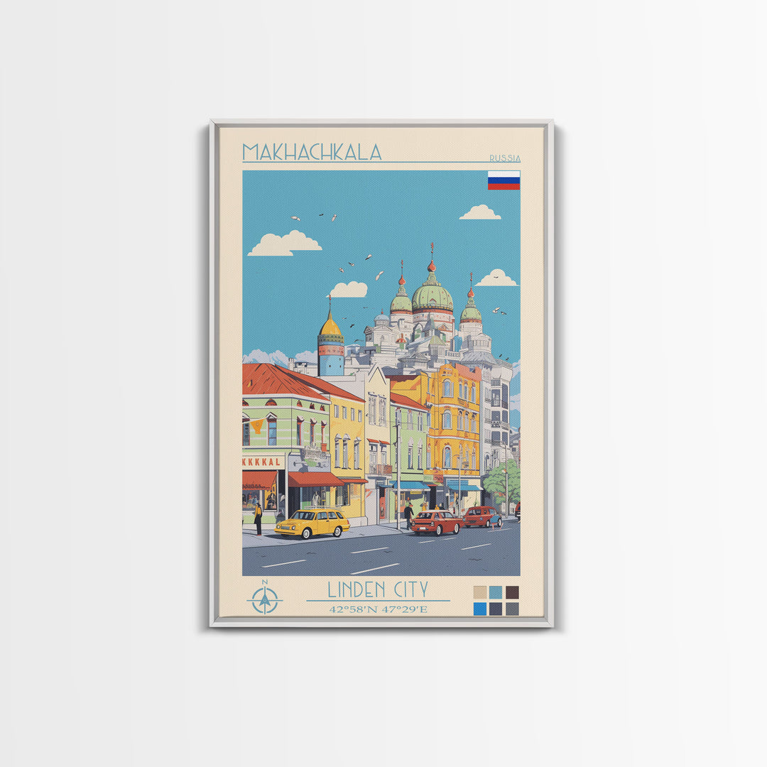 Makhachkala Russia Travel Poster Framed Canvas Print, Midcentury Modern Art, Pop Art Wall Decor, Scenic Wall Art, Living Room Decoration, Office Art