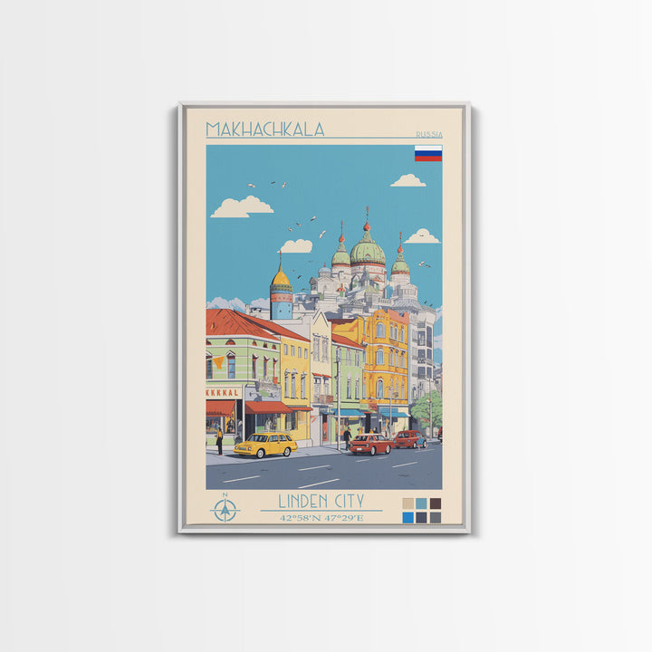 Makhachkala Russia Travel Poster Framed Canvas Print, Midcentury Modern Art, Pop Art Wall Decor, Scenic Wall Art, Living Room Decoration, Office Art