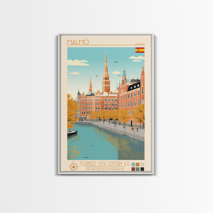 Malmö Sweden Travel Poster Framed Canvas Print, Midcentury Modern Art, Pop Art Wall Decor, Scenic Wall Art, Bedroom Decoration
