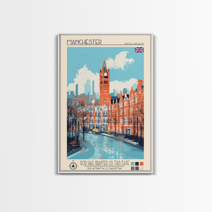 Manchester United Kingdom Travel Poster Framed Canvas Print, Midcentury Modern Art, Pop Art Wall Decor, Scenic Wall Art, Living Room Decoration, Office Art