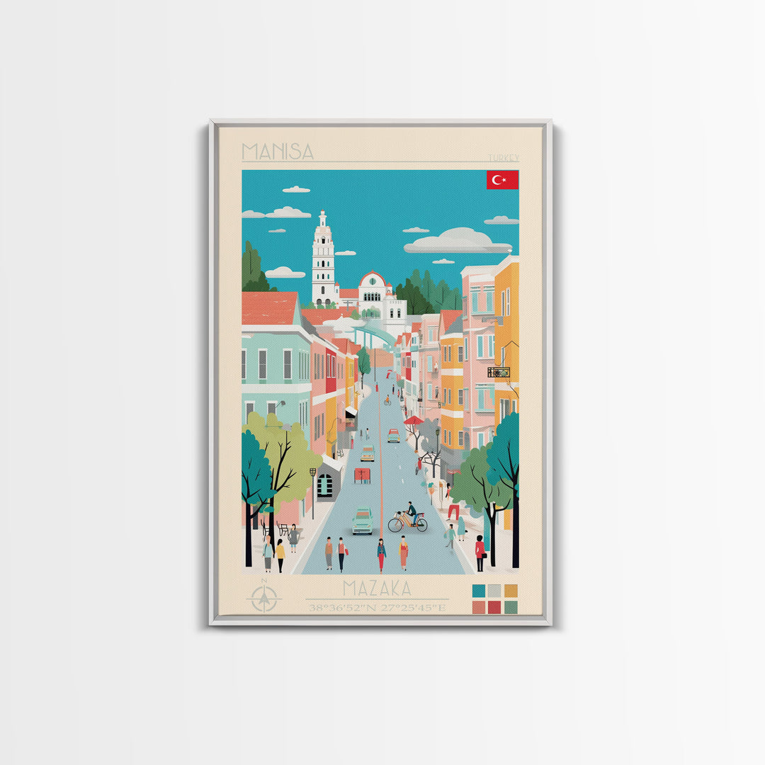 Manisa Turkey Travel Poster Framed Canvas Print, Midcentury Modern Art, Pop Art Wall Decor, Scenic Bedroom Art, Office Decoration