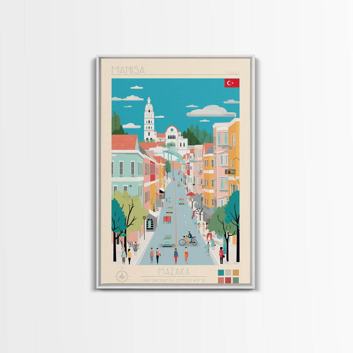 Manisa Turkey Travel Poster Framed Canvas Print, Midcentury Modern Art, Pop Art Wall Decor, Scenic Bedroom Art, Office Decoration