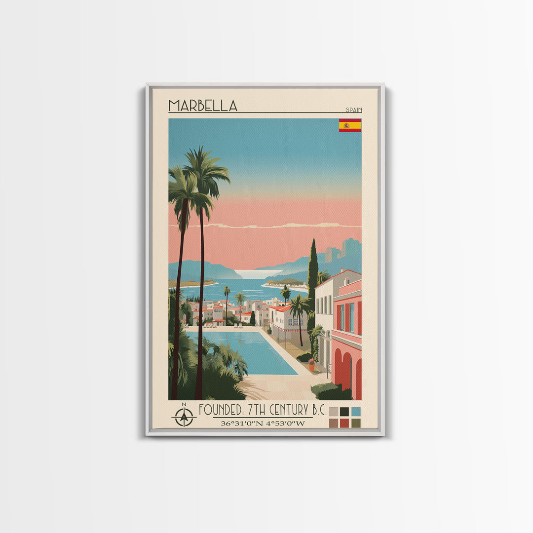 Marbella Spain Travel Poster Framed Canvas Print, Midcentury Modern Art, Pop Art Wall Decor, Scenic Living Room Art, Bedroom Decor