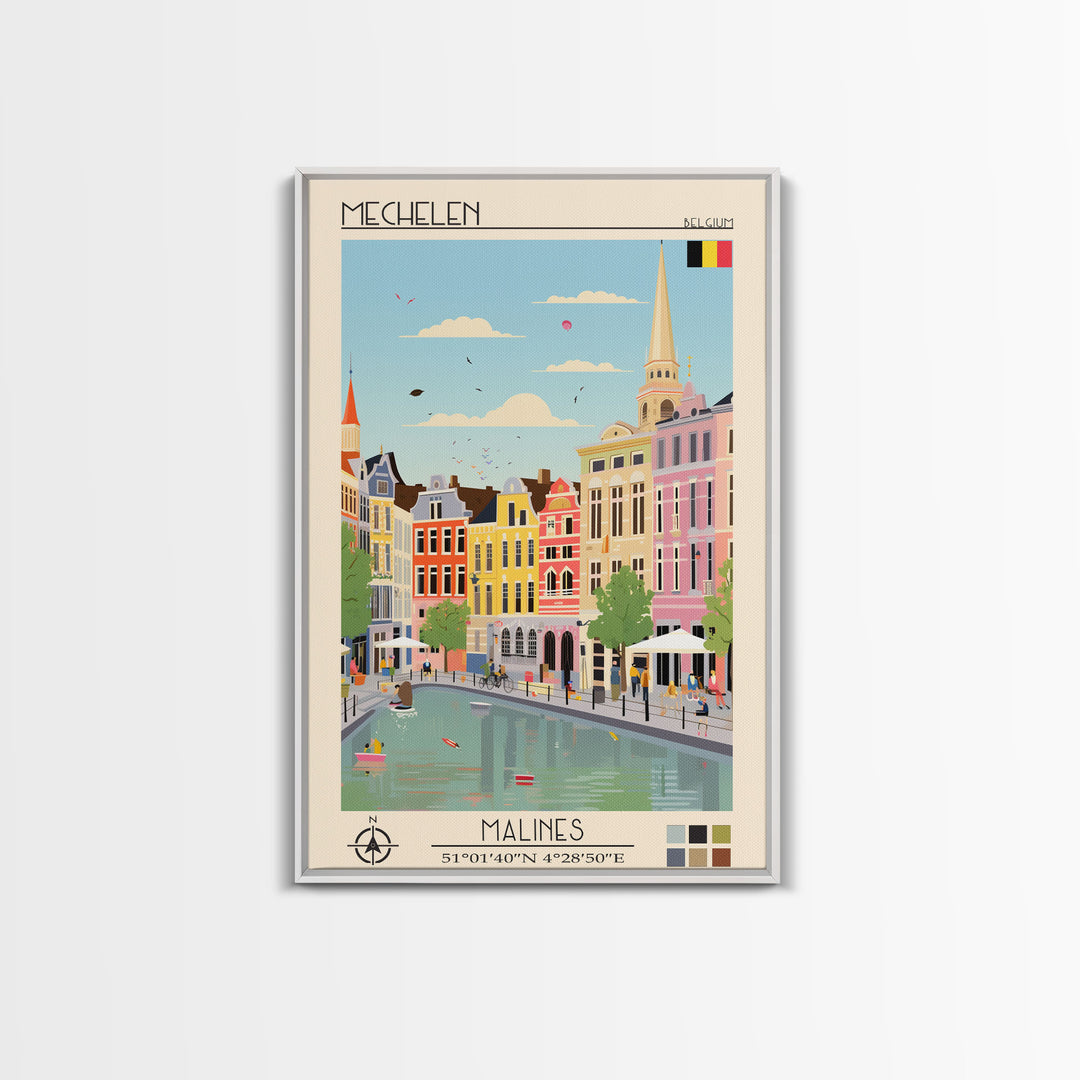 Mechelen Belgium Travel Poster Framed Canvas Print, Midcentury Modern Art, Pop Art Wall Decor, Home Decor, Vacation Gift, Bedroom Art