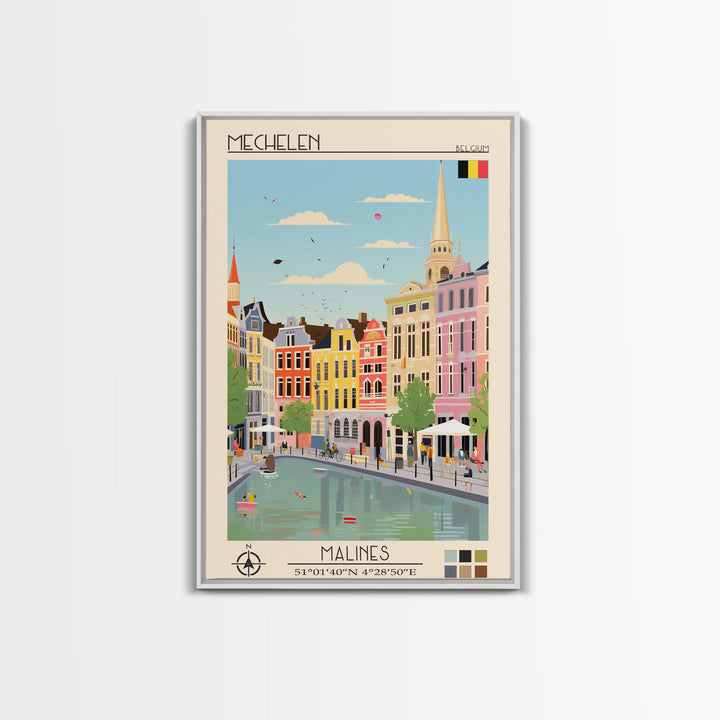 Mechelen Belgium Travel Poster Framed Canvas Print, Midcentury Modern Art, Pop Art Wall Decor, Home Decor, Vacation Gift, Bedroom Art