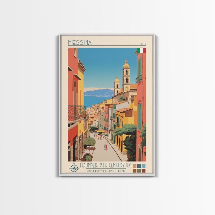 Messina Italy Travel Poster Framed Canvas Print, Midcentury Modern Art, Pop Art Wall Decor, Scenic Wall Art, Bedroom Decoration