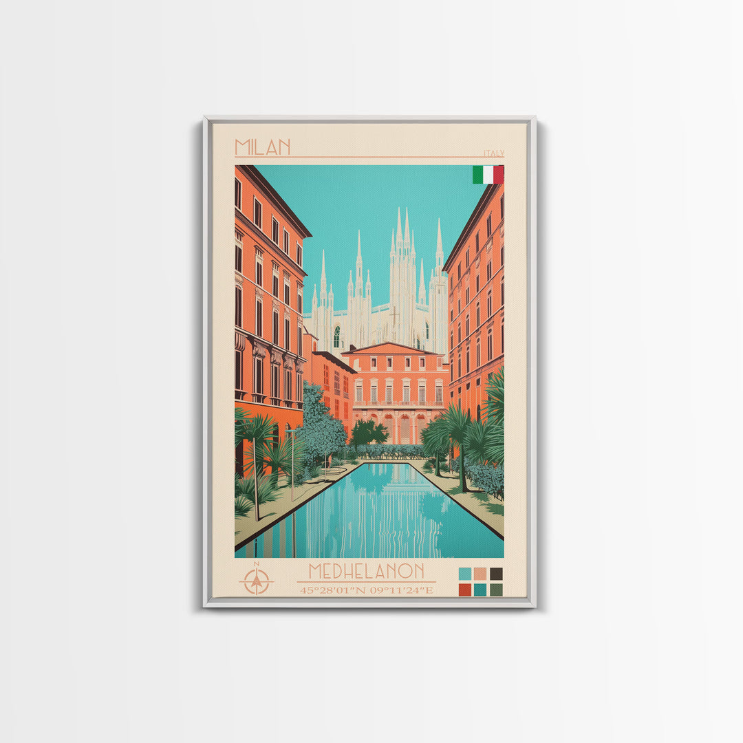 Milan Italy Travel Poster Framed Canvas Print, Midcentury Modern Art, Pop Art Wall Decor, Scenic Bedroom Art, Office Decoration
