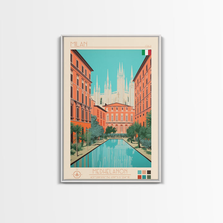 Milan Italy Travel Poster Framed Canvas Print, Midcentury Modern Art, Pop Art Wall Decor, Scenic Bedroom Art, Office Decoration