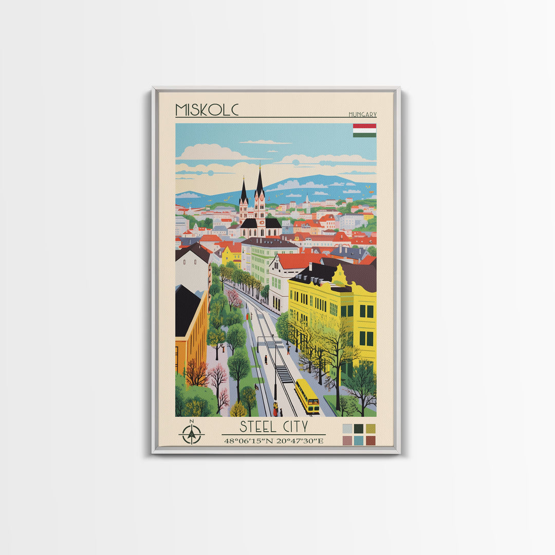 Miskolc Hungary Travel Poster Framed Canvas Print, Midcentury Modern Art, Pop Art Wall Decor, Scenic Living Room Art, Bedroom Decor