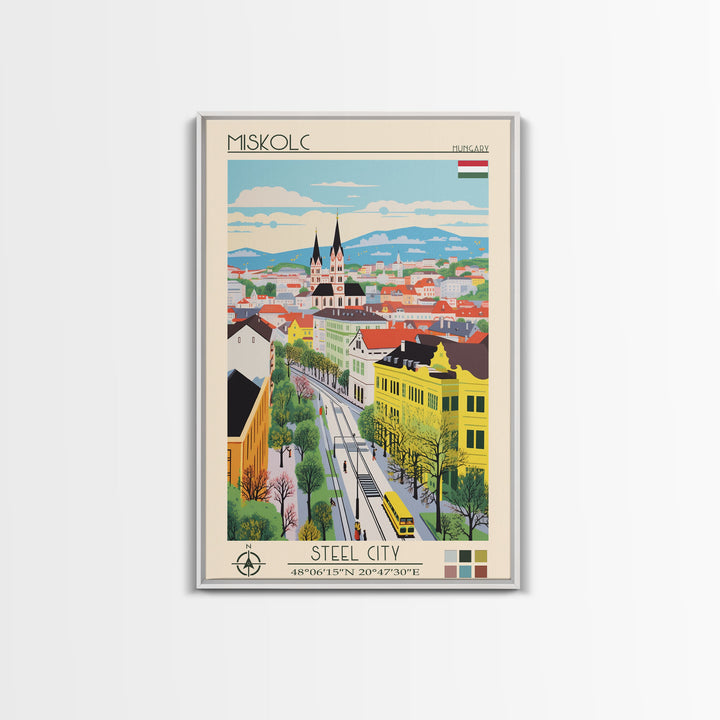 Miskolc Hungary Travel Poster Framed Canvas Print, Midcentury Modern Art, Pop Art Wall Decor, Scenic Living Room Art, Bedroom Decor