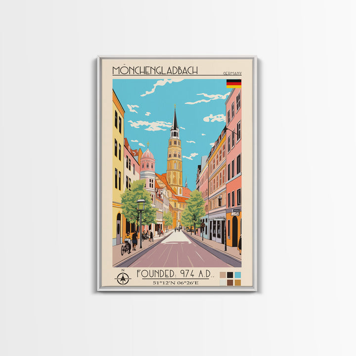 Mönchengladbach Germany Travel Poster Framed Canvas Print, Midcentury Modern Art, Pop Art Wall Decor, Scenic Living Room Art, Bedroom Gift