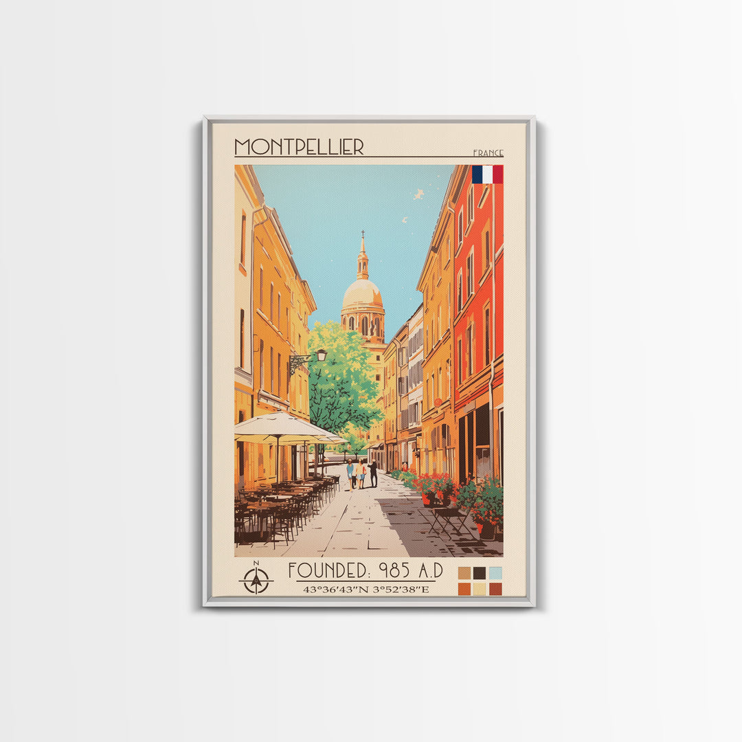 Montpellier France Travel Poster Framed Canvas Print, Midcentury Modern Art, Pop Art Wall Decor, Scenic Living Room Art, Bedroom Gift