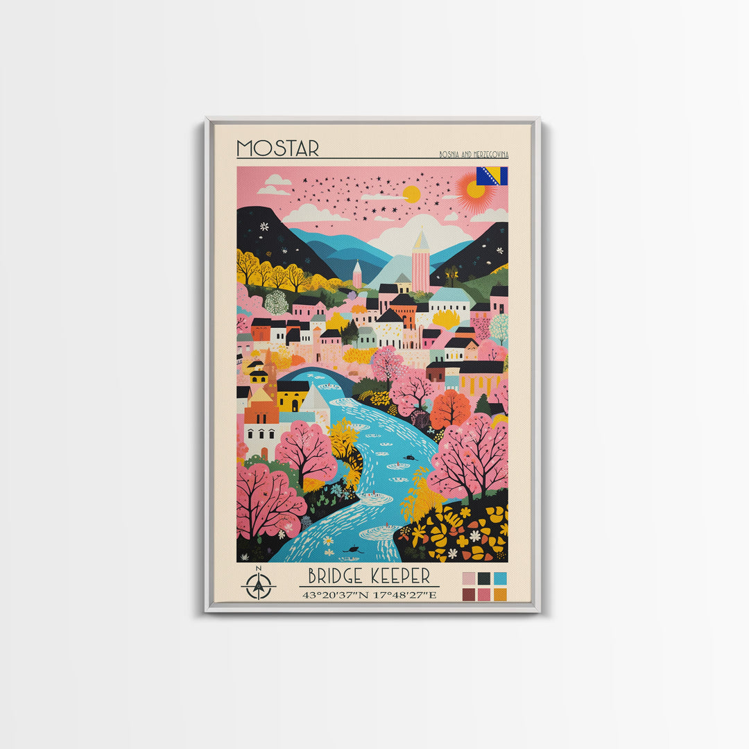 Mostar Bosnia and Herzegovina Travel Poster Framed Canvas Print, Midcentury Modern Art, Pop Art Wall Decor, Home Decor, Vacation Gift, Bedroom Art