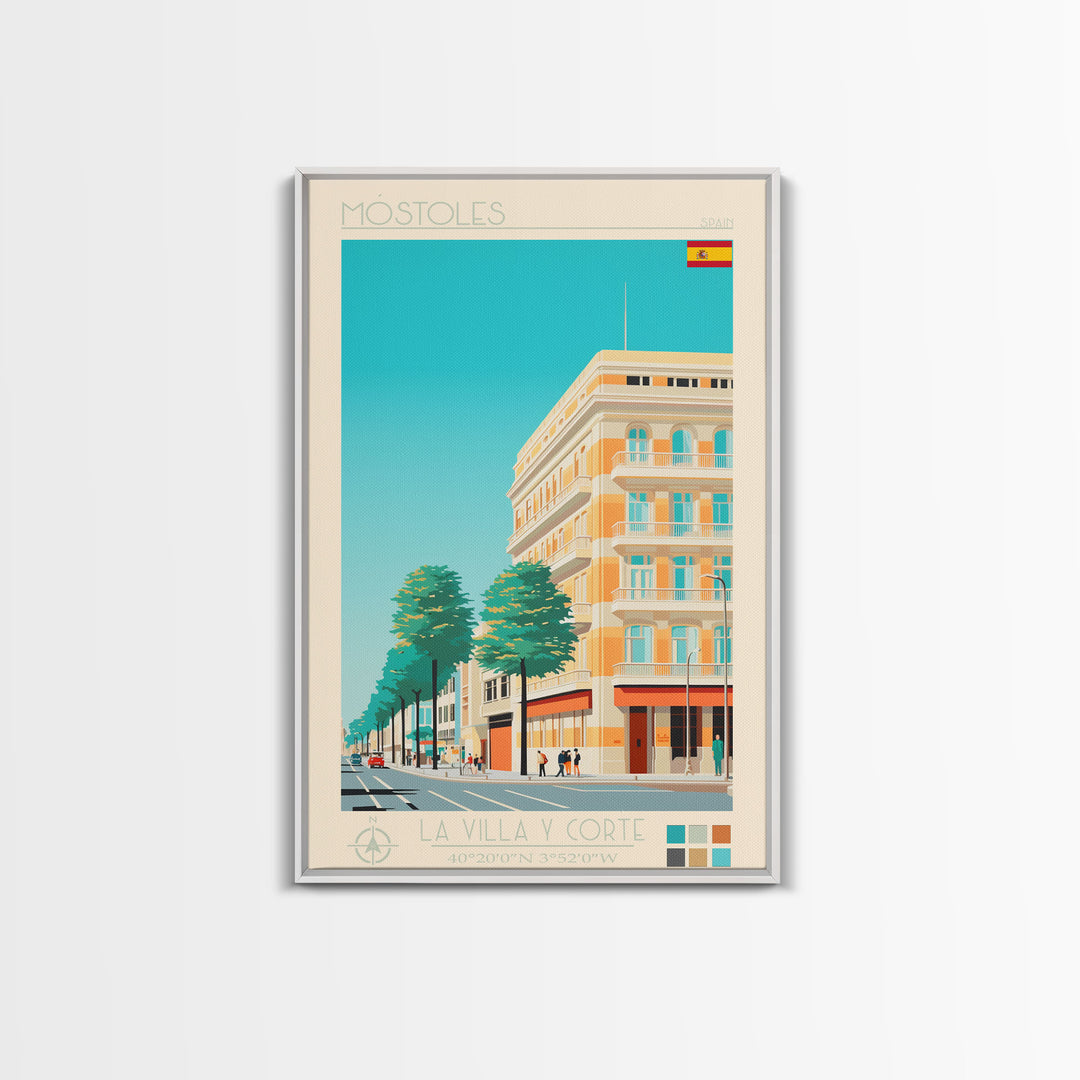 Mostoles Spain Travel Poster Framed Canvas Print, Midcentury Modern Art, Pop Art Wall Decor, Home Decor, Vacation Gift, Office Art