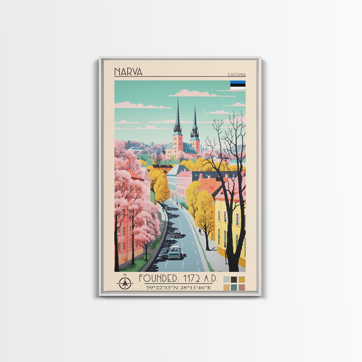 Narva Estonia Travel Poster Framed Canvas Print, Midcentury Modern Art, Pop Art Wall Decor, Scenic Bedroom Art, Office Decoration
