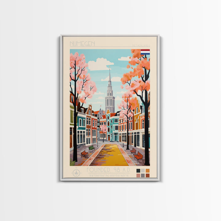 Nijmegen Netherlands Travel Poster Framed Canvas Print, Midcentury Modern Art, Pop Art Wall Decor, Scenic Living Room Art, Bedroom Gift