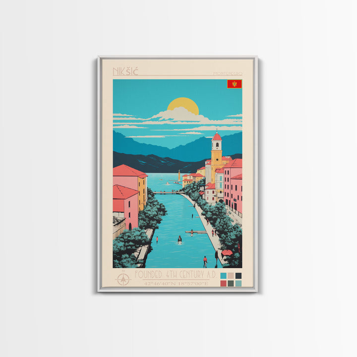 Nikšić Montenegro Travel Poster Framed Canvas Print, Midcentury Modern Art, Pop Art Wall Decor, Home Decor, Vacation Gift, Bedroom Art