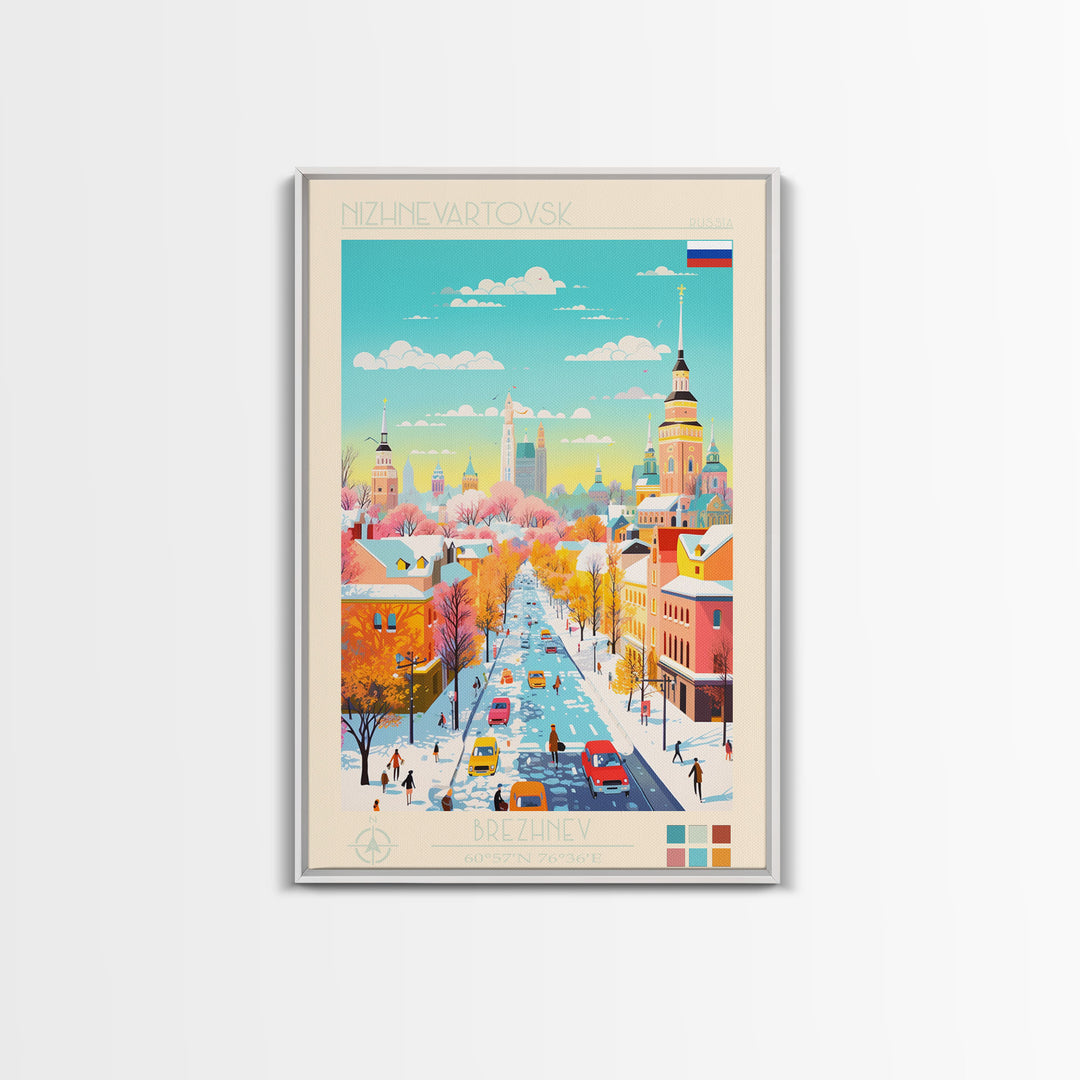 Nizhnevartovsk Russia Travel Poster Framed Canvas Print, Midcentury Modern Art, Pop Art Wall Decor, Scenic Wall Art, Living Room Decoration, Office Art