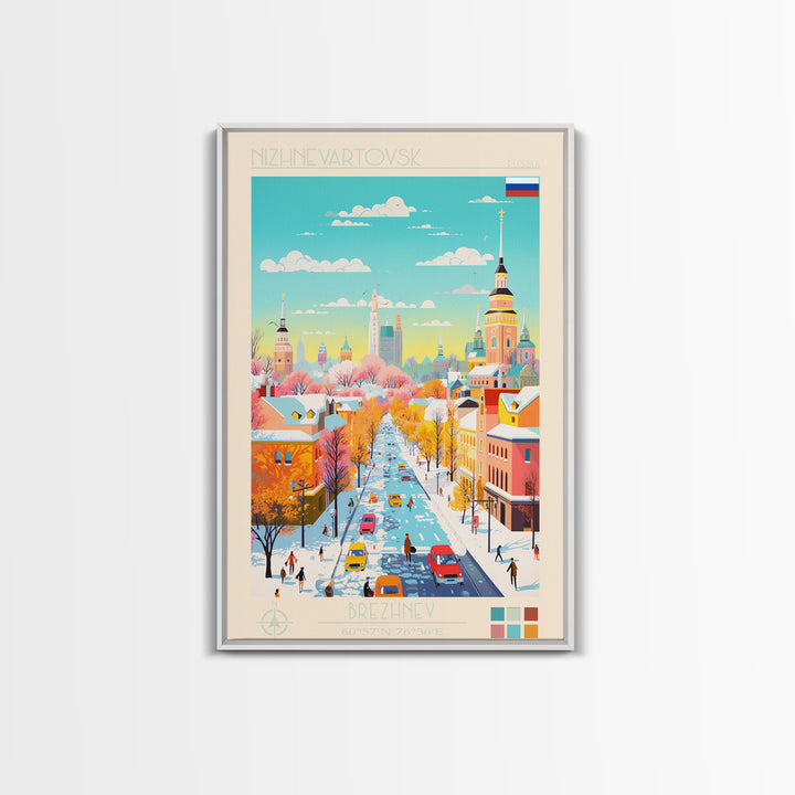 Nizhnevartovsk Russia Travel Poster Framed Canvas Print, Midcentury Modern Art, Pop Art Wall Decor, Scenic Wall Art, Living Room Decoration, Office Art