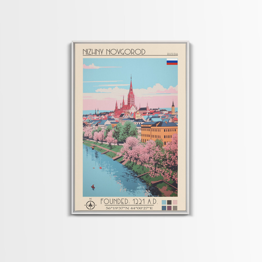 Nizhny Novgorod Russia Travel Poster Framed Canvas Print, Midcentury Modern Art, Pop Art Wall Decor, Scenic Bedroom Art, Office Decoration