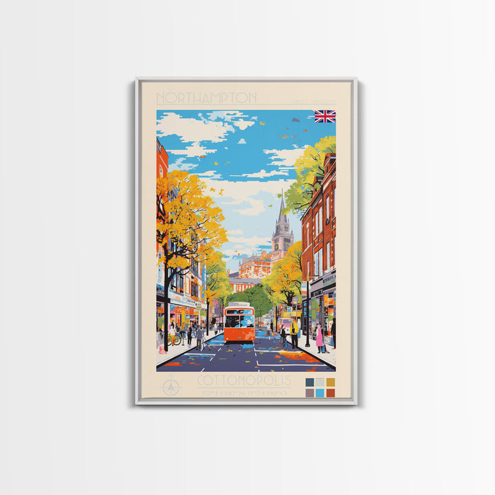Northampton United Kingdom Travel Poster Framed Canvas Print, Midcentury Modern Art, Pop Art Wall Decor, Scenic Living Room Art, Bedroom Gift