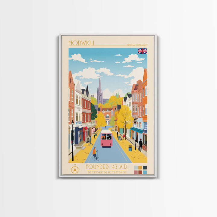 Norwich United Kingdom Travel Poster Framed Canvas Print, Midcentury Modern Art, Pop Art Wall Decor, Scenic Wall Art, Living Room Decoration, Office Art