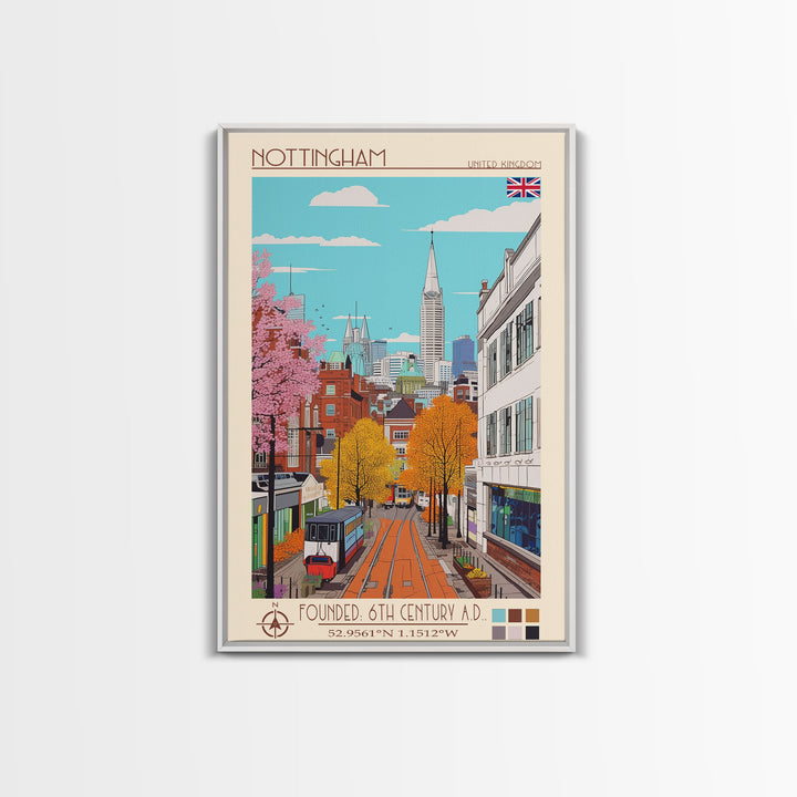 Nottingham United Kingdom Travel Poster Framed Canvas Print, Midcentury Modern Art, Pop Art Wall Decor, Home Decor, Vacation Gift, Bedroom Art