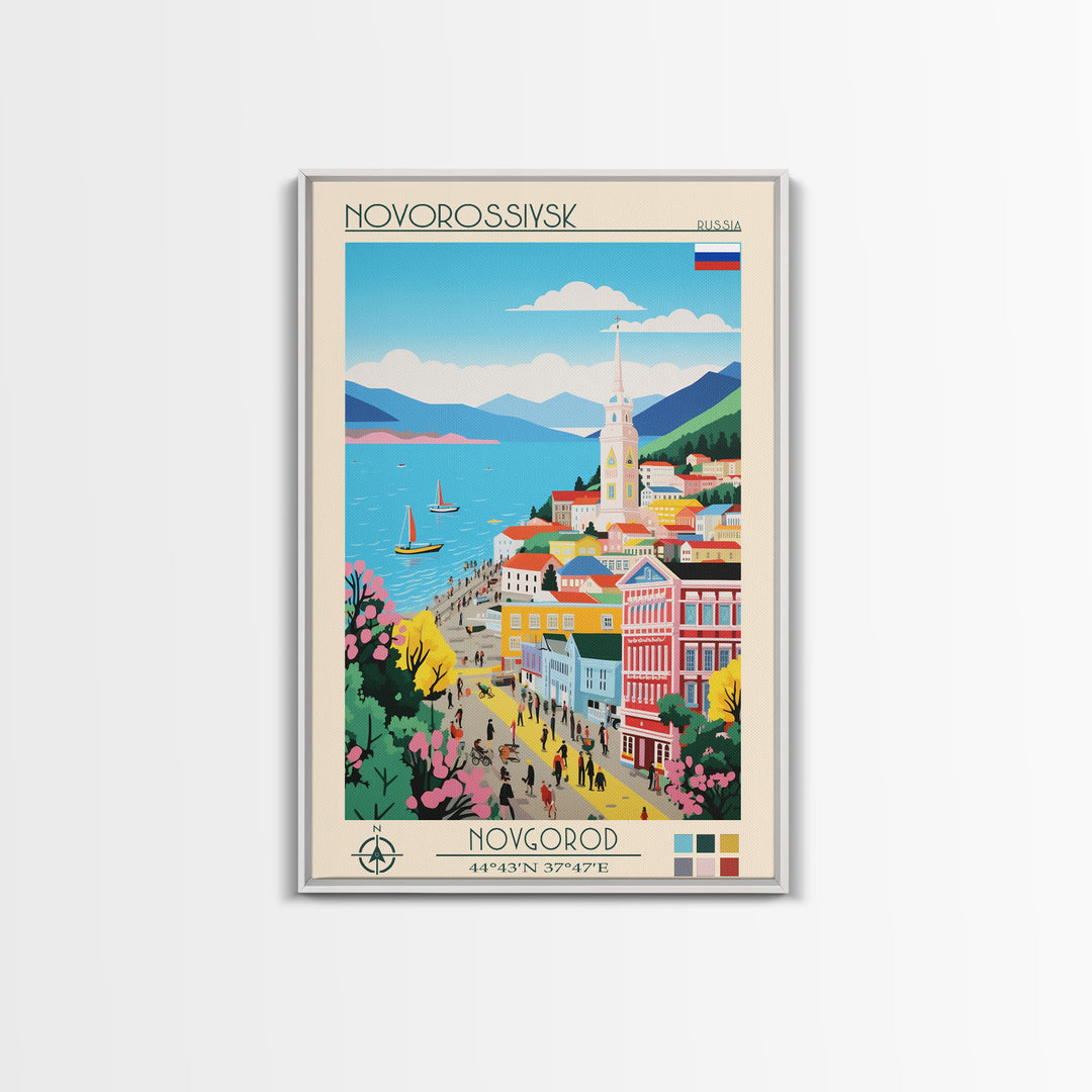 Novorossiysk Russia Travel Poster Framed Canvas Print, Midcentury Modern Art, Pop Art Wall Decor, Scenic Bedroom Art, Office Decoration