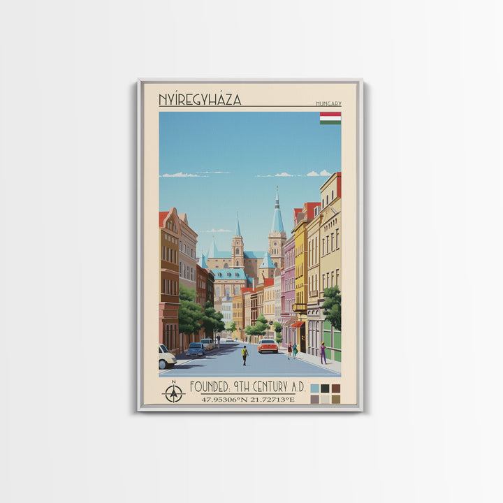 Nyíregyháza Hungary Travel Poster Framed Canvas Print, Midcentury Modern Art, Pop Art Wall Decor, Home Decor, Vacation Gift, Office Art