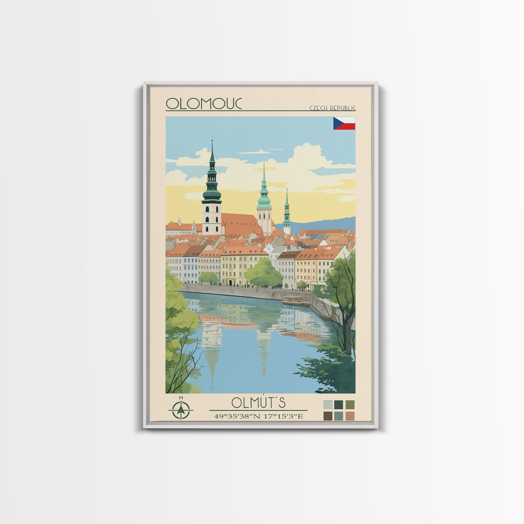 Olomouc Czech Republic Travel Poster Framed Canvas Print, Midcentury Modern Art, Pop Art Wall Decor, Scenic Wall Art, Living Room Decoration, Office Gift
